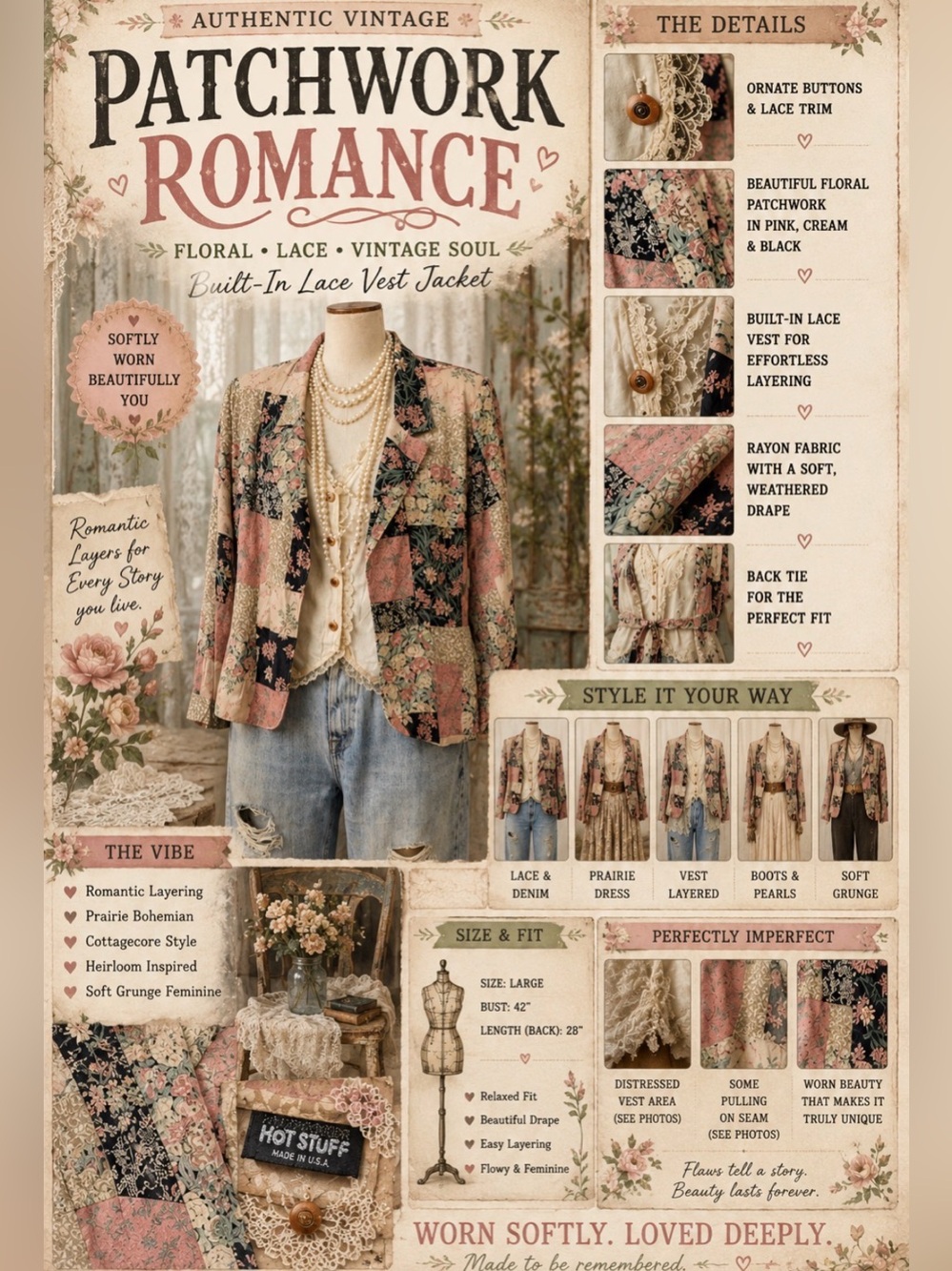 Vintage Floral Patchwork Blazer in Pink, Black & Cream - Distressed